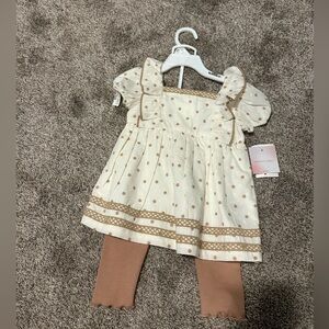 Cream Polka Dot Baby Dress with Brown Trim and Matching Leggings